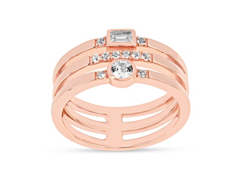 14K Rose Gold Over Sterling Silver Mixed Shapes White Sapphire Multi-Row Open Design Ring 0.35ctw