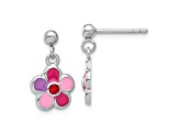 Rhodium Over Sterling Silver Enameled Red Crystal Flower Post Dangle Earrings