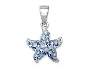 Rhodium Over Sterling Silver Polished Blue Crystal Starfish Pendant