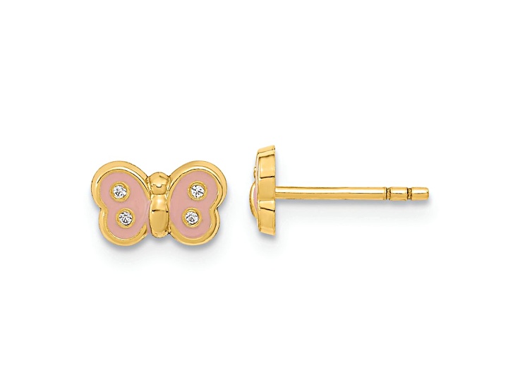 14k Yellow Gold Children's Polished Pink Enameled and Cubic Zirconia Butterfly Stud Earrings