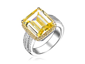 Yellow Asscher-Cut Cubic Zirconia, Rhodium Plated over Sterling Silver Triple Pave Cocktail Ring