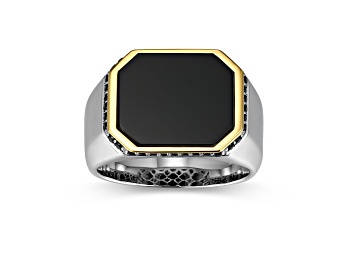 Picture of Black Agate Rhodium and 18k Yellow Gold Over Sterling Silver Men's Ring 2.22ctw
