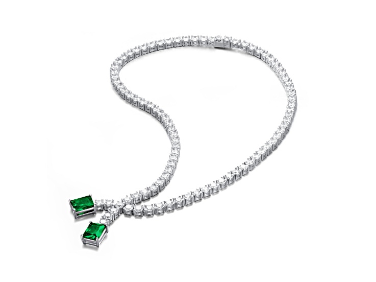Green Cubic Zirconia, Rhodium Plated over Sterling Silver Two-Stone Tennis Collar Necklace 29.43ctw