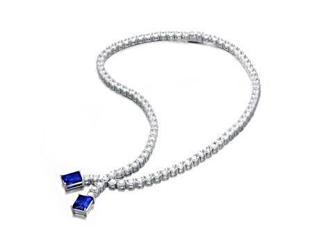 Blue Cubic Zirconia, Rhodium Plated over Sterling Silver Two-Stone Tennis Collar Necklace