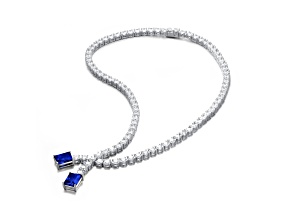 Blue Cubic Zirconia, Rhodium Plated over Sterling Silver Two-Stone Tennis Collar Necklace 29.43ctw