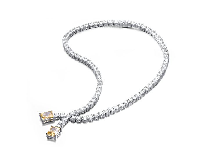 29.43ctw Yellow Cubic Zirconia, Rhodium Plated over Sterling Silver Two-Stone Tennis Collar Necklace