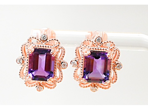 Amethyst and CZ 4.51 Ctw Octagon 18K Rose Gold Over Sterling Silver Center Design Earrings Jewelry