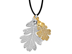 Sterling Silver and 24k Yellow Gold Dipped Double Oak Leaf 20 Inch Leather Cord Necklace