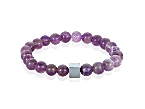 Invicta Jewelry Men's Amethyst with Hematite Cube Stone Bead Stretch Bracelet (8mm)