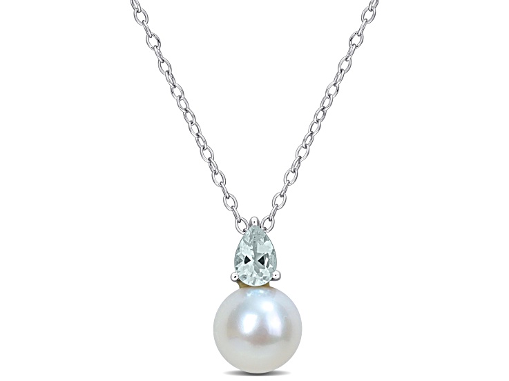 FW Cultured Pearl and 3/8 CT TGW Aquamarine Pendant with Chain in Sterling Silver