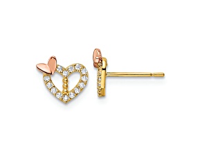14K Yellow Gold and 14K Rose Gold Heart with Butterfly and Cubic Zirconia Stone Stud Earrings