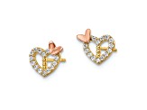 14K Yellow Gold and 14K Rose Gold Heart with Butterfly and Cubic Zirconia Stone Stud Earrings