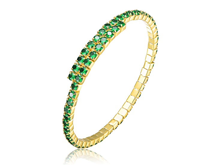 Emerald Green Cubic Zirconia, 14K Gold Plated over Brass Bypass Tennis Bracelet