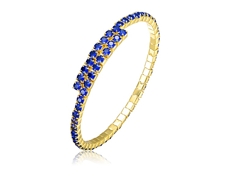 Sapphire Blue Cubic Zirconia, 14K Gold Plated over Brass Bypass Tennis Bracelet