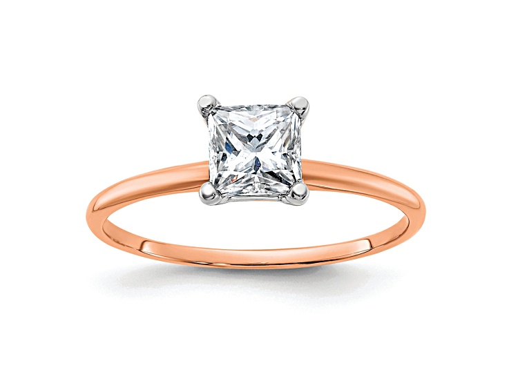 14K Rose Gold and White Gold Accent 3/4ct 5.0mm G H I True Light Princess Moissanite Solitaire Ring