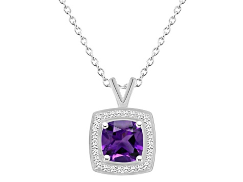 7mm Cushion Amethyst 1/7 ctw Diamond Rhodium Over Sterling Silver Halo Pendant with Chain