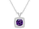 7mm Cushion Amethyst 1/7 ctw Diamond Rhodium Over Sterling Silver Halo Pendant with Chain