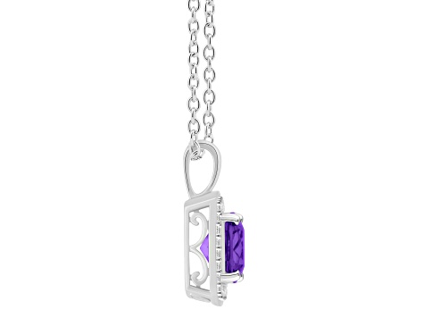 7mm Cushion Amethyst 1/7 ctw Diamond Rhodium Over Sterling Silver Halo Pendant with Chain