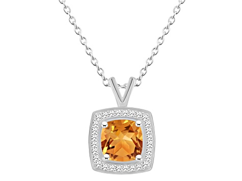 7mm Cushion Citrine 1/7 ctw Diamond Rhodium Over Sterling Silver Halo Pendant with Chain