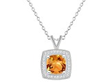 7mm Cushion Citrine 1/7 ctw Diamond Rhodium Over Sterling Silver Halo Pendant with Chain