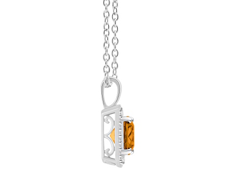 7mm Cushion Citrine 1/7 ctw Diamond Rhodium Over Sterling Silver Halo Pendant with Chain