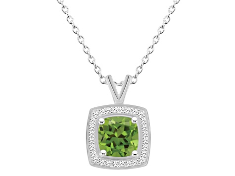 7mm Cushion Peridot 1/7 ctw Diamond Rhodium Over Sterling Silver Halo Pendant with Chain