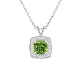 7mm Cushion Peridot 1/7 ctw Diamond Rhodium Over Sterling Silver Halo Pendant with Chain