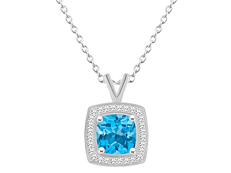 7mm Cushion Blue Topaz 1/7 ctw Diamond Rhodium Over Sterling Silver Halo Pendant with Chain