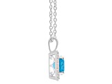 7mm Cushion Blue Topaz 1/7 ctw Diamond Rhodium Over Sterling Silver Halo Pendant with Chain