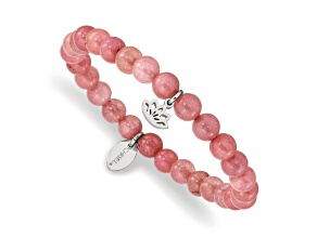 Stainless Steel Polished Lotus Pink Jade Beaded Stretch Bracelet
