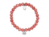 Stainless Steel Polished Lotus Pink Jade Beaded Stretch Bracelet