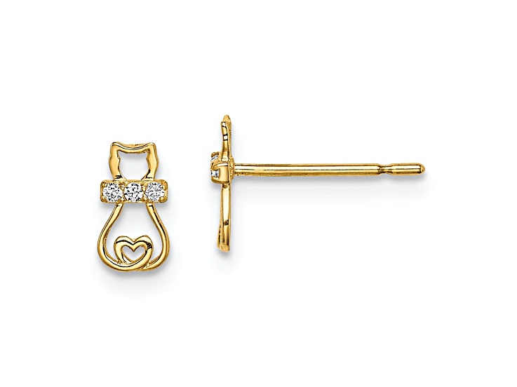 14K Yellow Gold Cubic Zirconia Cat with Heart Tail Post Earrings