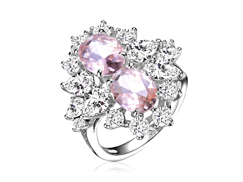 Morganite Cubic Zirconia, Rhodium Plated over Sterling Silver Cocktail Ring