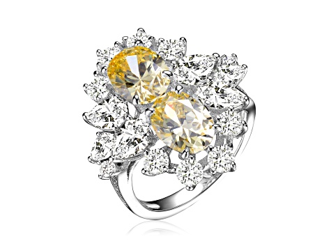 Yellow Cubic Zirconia, Rhodium Plated over Sterling Silver Cocktail Ring