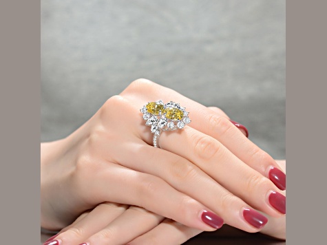 Yellow Cubic Zirconia, Rhodium Plated over Sterling Silver Cocktail Ring