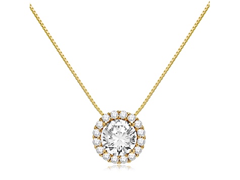 14K Yellow Gold Necklace Round HaloCubic Zirconia Solitaire1.25CTW 16 Inch .60mm Box Link Chain