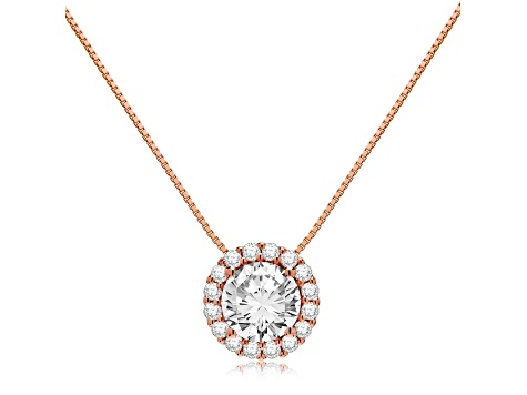 14K  Rose Gold Necklace Round HaloCubic Zirconia Solitaire1.25CTW 16 Inch .60mm Box Link Chain