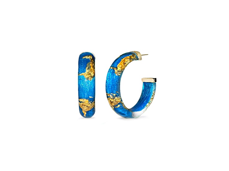 14K Yellow Gold Over Sterling Silver Small Gold Leaf Acrylic Hoops in Lapis Blue Color