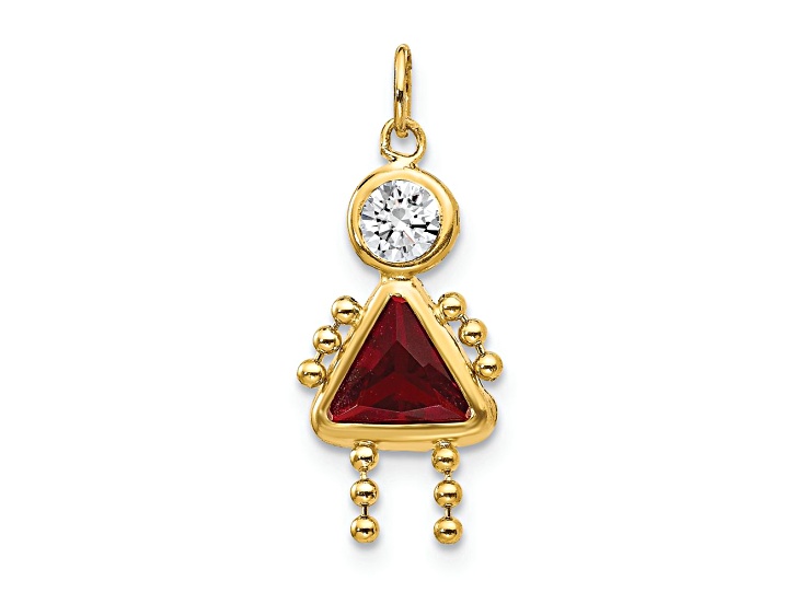 10k Yellow Gold Red Garnet Simulant January Birthstone and Clear Cubic Zirconia Girl Charm