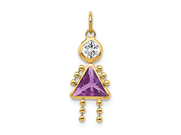 10k Yellow Gold Purple Amethyst Simulant February Birthstone and Clear Cubic Zirconia Girl Charm