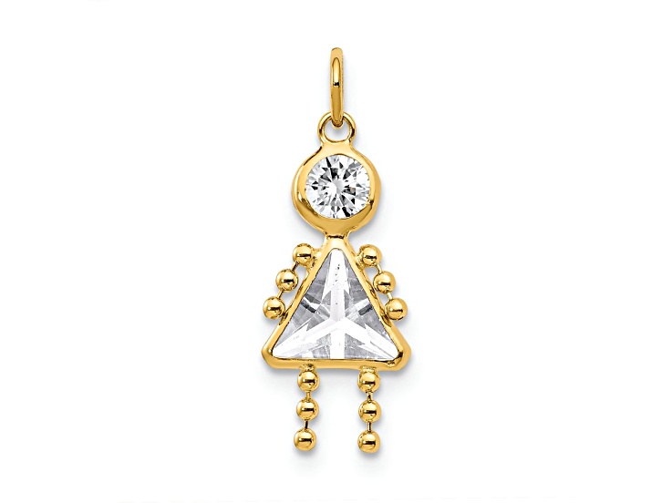 10k Yellow Gold White Diamond Simulant April Birthstone and Clear Cubic Zirconia Girl Charm