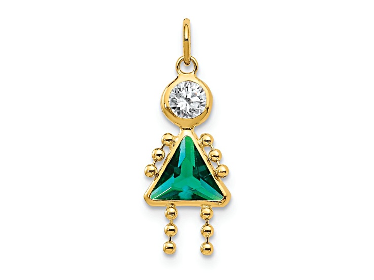 10k Yellow Gold Green Emerald Simulant May Birthstone and Clear Cubic Zirconia Girl Charm