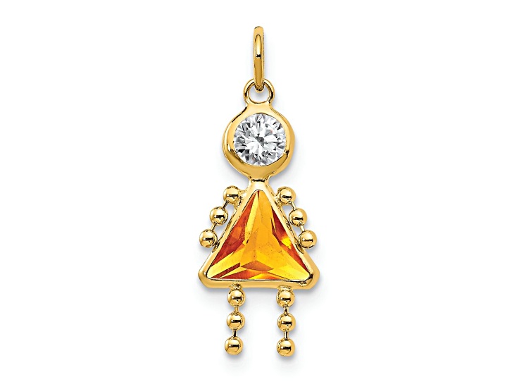 10k Yellow Gold Yellow Citrine Simulant November Birthstone and Clear Cubic Zirconia Girl Charm