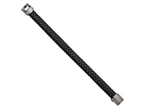 Black Leather and Stainless Steel Antiqued 8.25-inch Bracelet