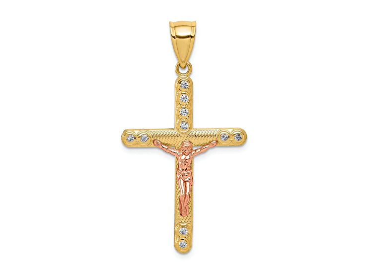 10k Yellow Gold and 10k Rose Gold Textured Cubic Zirconia Crucifix Pendant