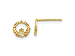 14k Yellow Gold Cubic Zirconia 6.8mm Claddagh Stud Earrings