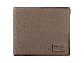 Fendi FF Logo Plaque Tartufo Gray Pebbled Calf Leather Bifold Wallet