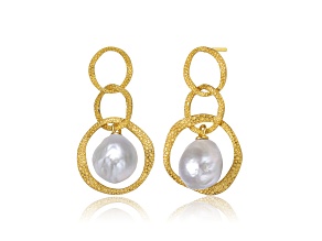 Genuine Freshwater Drop Pearl, 14K Yellow Gold Plated over Sterling Silver Modern Earrings