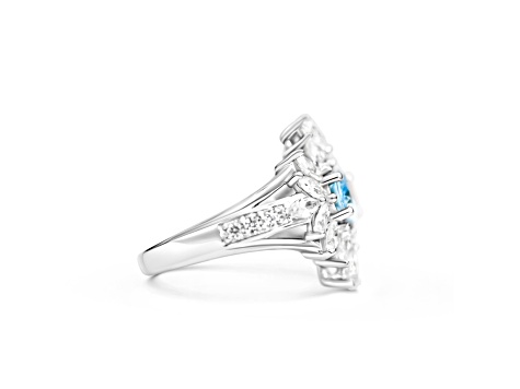 Rhodium Over Sterling Silver Oval Aquamarine and White Zircon Ring 0.99ctw