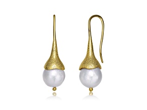 Genuine Freshwater Pearl, 14K Yellow Gold Plated over Sterling Silver Hook Earrings